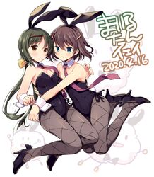  2girls :o animal_ears arm_around_waist bangs black_footwear black_legwear black_leotard blue_eyes bow breasts brown_eyes brown_hair bunnysuit character_name closed_mouth collar covered_navel dated detached_collar floating green_hair hair_bow hair_ornament hairclip high_heels hug huge_breasts legs_up leotard long_hair low_twintails multiple_girls odawara_hakone pantyhose parted_lips print_legwear rabbit_ears saki saki_achiga-hen shirouzu_mairu side-tie_leotard smile strapless strapless_leotard swept_bangs translated tsuruta_himeko twintails white_background white_collar wing_collar wrist_cuffs yellow_bow yuri 