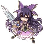  1girl chibi date_a_live highres holding holding_sword holding_weapon kubotami looking_to_the_side open_hand purple_hair solo spirit sword v-shaped_eyebrows violet_eyes weapon white_background yatogami_tooka 