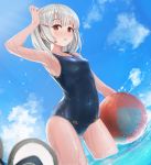  1girl animal_ears arm_up armpits ass_visible_through_thighs ball bangs beachball blue_sky blue_swimsuit blush breasts clouds collarbone commentary_request covered_navel day eyebrows_visible_through_hair fake_animal_ears granblue_fantasy hair_ornament hairclip headwear_removed highres holding holding_ball looking_at_viewer mouse_ears ocean old_school_swimsuit one-piece_swimsuit outdoors parted_lips red_eyes school_swimsuit short_hair silver_hair sky small_breasts solo standing sugawara_you swimsuit vikala_(granblue_fantasy) wading water wet 