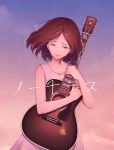  1girl 46misaki brown_hair crying crying_with_eyes_open dress guitar holding holding_instrument instrument looking_at_viewer medium_hair original outdoors pink_dress solo sunset tears 