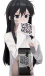  1girl absurdres bandages bandaid bandaid_on_face bangs blurry_foreground cellphone commentary_request covering_mouth crowcrycaw grey_eyes hair_between_eyes highres holding holding_phone korean_commentary long_hair long_sleeves looking_at_viewer messy_hair original phone qr_code shirt sidelocks sleeves_past_fingers sleeves_past_wrists smartphone solo_focus swept_bangs viewfinder white_shirt 