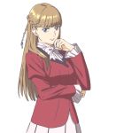  1girl 7070_015 bangs bow braid frilled_sleeves frills gundam gundam_wing lips looking_at_viewer pleated_skirt relena_peacecraft school_uniform simple_background skirt solo upper_body white_background 