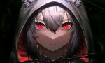  1girl animal_ears bangs black_background close-up closed_mouth commentary_request ears_through_headwear expressionless eyebrows_visible_through_hair face grey_hair hair_between_eyes hood hood_up looking_at_viewer medium_hair mincho original red_eyes sidelocks silver_hair solo 