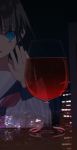  1girl akai_ronii alcohol bangs black_hair black_sailor_collar blue_eyes commentary_request cup drinking_glass empty_eyes eyebrows_visible_through_hair hand_up indoors long_sleeves night night_sky original parted_lips red_neckwear reflection sailor_collar shirt sky solo white_shirt window wine wine_glass 