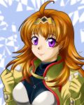  ahoge charlotte_hasting clenched_hands gloves hairband highres jewelry looking_at_viewer necklace negimura_kisara orange_hair signature super_robot_wars super_robot_wars_v violet_eyes yellow_gloves 
