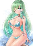  1girl ;) aqua_bikini bangs bare_arms bare_shoulders bikini blue_eyes breasts commentary_request eyebrows_visible_through_hair frog_hair_ornament green_hair hair_ornament kneeling kochiya_sanae large_breasts long_hair looking_at_viewer navel one_eye_closed simple_background smile snake_hair_ornament solo stomach swimsuit thighs touhou very_long_hair white_background y2 