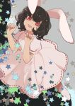  1girl animal_ears black_hair bunny_girl carrot_necklace curly_hair dress from_above grin highres inaba_tewi joniko1110 looking_at_viewer paw_pose puffy_short_sleeves puffy_sleeves rabbit_ears red_eyes short_sleeves smile socks solo star_(symbol) touhou white_dress white_legwear 