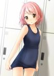  1girl blue_swimsuit blurry brown_eyes changing_room collarbone commentary_request cowboy_shot depth_of_field flat_chest highres locker old_school_swimsuit original pink_hair school_swimsuit shibacha short_hair solo standing swimsuit swimsuit_pull wavy_hair 