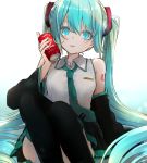 1girl absurdres aqua_eyes aqua_hair aqua_neckwear arm_support bare_shoulders black_legwear black_skirt black_sleeves blurry bokeh can commentary depth_of_field detached_sleeves drink hair_ornament hand_up hatsune_miku highres holding holding_can knees_up long_hair miniskirt necktie parted_lips pleated_skirt sayonaka_megumo shirt shoulder_tattoo sitting skirt sleeveless sleeveless_shirt sleeves_past_fingers sleeves_past_wrists solo sweat tattoo thigh-highs twintails very_long_hair vocaloid white_background white_shirt 