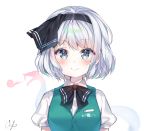  1girl bangs black_bow black_hairband black_neckwear black_ribbon blue_eyes blush bob_cut bow bowtie breath buttons closed_mouth collared_shirt commentary dragon eyebrows_visible_through_hair green_vest hair_ribbon hairband konpaku_youmu konpaku_youmu_(ghost) looking_at_viewer puffy_short_sleeves puffy_sleeves ribbon shirt short_hair short_sleeves sidelocks signature silver_hair simple_background smile solo touhou upper_body urim_(paintur) vest white_background white_hair white_shirt wing_collar 