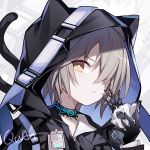  1boy animal_ears animal_hood arknights black_gloves black_jacket cat_ears cat_tail choker gloves grey_hair hair_over_one_eye holding hood jacket kurisu_tina male_focus mask phantom_(arknights) short_hair solo tail upper_body yellow_eyes 