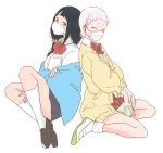  2girls accessory_connection back-to-back black_hair blue_eyes book cardigan chiwa_(fcwv5738) crossover eyebrows grey_eyes hassu highres legs loafers long_hair low_tied_hair mask mask_senpai mouth_mask multiple_girls necktie otome_no_teikoku red_neckwear school_uniform scrunchie shirt shoes short_hair silver_hair sitting socks ssss.gridman surgical_mask towel white_legwear white_shirt 