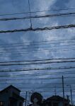  1girl black_eyes black_hair building clouds cloudy_sky highres looking_at_viewer original power_lines scenery short_hair sky sky_focus solo uniunimikan utility_pole 