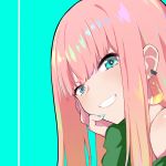  1girl bangs close-up commentary_request earrings green_background green_eyes green_nails grin halftone hand_on_own_face highres jewelry katou_asuka long_hair looking_at_viewer mochamillll nail_polish pink_hair portrait smile solo watashi_ga_motenai_no_wa_dou_kangaetemo_omaera_ga_warui! 