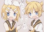  1boy 1girl angry arm_warmers bangs bare_shoulders beige_background black_collar black_sleeves blonde_hair blue_eyes blush bow brother_and_sister collar commentary hair_bow hair_ornament hairclip headphones highres hitode kagamine_len kagamine_rin looking_at_viewer neckerchief necktie open_mouth pointing pointing_at_another sailor_collar school_uniform shirt short_hair short_ponytail short_sleeves siblings sleeveless sleeveless_shirt spiky_hair swept_bangs translated twins upper_body v-shaped_eyebrows vocaloid white_bow white_shirt yellow_neckwear 