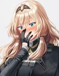  1girl an-94_(girls_frontline) aqua_eyes bangs black_gloves blonde_hair blush girls_frontline gloves hair_between_eyes hair_tie hand_on_own_face headband long_hair low_tied_hair silence_girl sweat tactical_clothes upper_body 