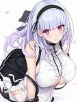  1girl anchor_choker apron azur_lane bangs bare_shoulders black_hairband black_skirt blue_ribbon blunt_bangs blush breasts center_frills choker cuffs dido_(azur_lane) dress frilled_choker frills hair_ribbon hairband highres kneeling large_breasts leaning_forward long_hair looking_at_viewer maid parted_lips ribbon skirt smile thigh-highs under_boob underboob_cutout untue violet_eyes waist_apron white_apron white_hair white_legwear 