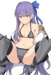  1girl animal_hood armored_boots bangs bare_shoulders bikini black_bikini blue_eyes blue_ribbon boots breasts collarbone fate/grand_order fate_(series) hair_between_eyes hair_ribbon hood long_hair long_sleeves looking_at_viewer medium_breasts meltryllis meltryllis_(swimsuit_lancer)_(fate) navel penguin_hood purple_hair ribbon shiseki_hirame simple_background sleeves_past_fingers sleeves_past_wrists solo swimsuit thigh-highs thigh_boots very_long_hair white_background 