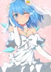  1girl alternate_costume arm_up armpit_crease bare_shoulders blue_eyes blue_hair blush bright_pupils cirno commentary_request daisy detached_sleeves dress elbow_gloves eyebrows_visible_through_hair flower gloves hair_between_eyes hair_flower hair_ornament hand_in_hair head_tilt heart highres jewelry looking_at_viewer mizune_(winter) necklace one_eye_closed petals pink_background short_hair smile solo standing touhou upper_body veil wedding_dress white_pupils wings 