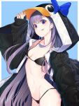  1girl animal_hood bangs bikini black_bikini blue_eyes blue_ribbon breasts choker collarbone commentary_request eyebrows_visible_through_hair fate/grand_order fate_(series) highres hood long_hair long_sleeves looking_at_viewer meltryllis meltryllis_(swimsuit_lancer)_(fate) mikan_(chipstar182) penguin_hood purple_hair ribbon sleeves_past_wrists smile solo swimsuit tongue tongue_out very_long_hair 