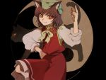  1girl animal_ears black_background brown_hair cat cat_ears chen claws ear_piercing eyelashes glowing glowing_eyes hand_on_hip hat joniko1110 leg_up looking_at_viewer mob_cap nail_polish piercing red_eyes red_nails simple_background slit_pupils smile solo touhou yin_yang 