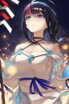  1girl bangs bare_shoulders black_hair blue_eyes blue_ribbon blush breasts closed_mouth collarbone dress fate/grand_order fate/requiem fate_(series) highres jewelry large_breasts long_sleeves looking_at_viewer looking_up magatama magatama_hair_ornament medium_hair multicolored_hair necklace night night_sky pelvic_curtain pink_hair polearm puffy_long_sleeves puffy_sleeves ribbon seon_(seonon_) short_dress sideboob sideless_outfit sky spear streaked_hair thighs two-sided_fabric utsumi_erise weapon white_dress 