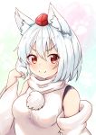  &gt;:) 1girl animal_ear_fluff animal_ears bare_shoulders blush breasts closed_mouth commentary commentary_request detached_sleeves doyagao eyebrows_visible_through_hair hat inubashiri_momiji looking_at_viewer medium_breasts pom_pom_(clothes) red_eyes rururiaru shirt short_hair silver_hair sleeveless sleeveless_shirt smile smug solo tokin_hat touhou turtleneck upper_body white_shirt wolf_ears 