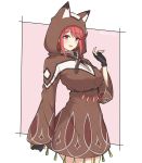  1girl animal_hood bangs black_gloves breasts brown_hoodie cowboy_shot fingerless_gloves gloves highres pyra_(xenoblade) hood large_breasts looking_at_viewer mochimochi_(xseynao) poncho red_eyes redhead smile solo swept_bangs xenoblade_(series) xenoblade_2 