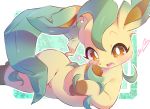  :3 artist_name blush border commentary_request darukuma_367 gen_4_pokemon green_background hands_up happy heart highres leafeon looking_at_viewer lying no_humans on_side open_mouth orange_eyes outline pokemon pokemon_(creature) sideways_mouth signature smile solo white_border white_outline 