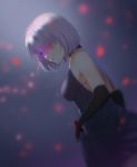  1girl bangs bare_shoulders black_choker black_gloves blurry blurry_background breasts choker commentary_request dress elbow_gloves fate/grand_order fate_(series) flower flower_over_eye from_side gloves hair_over_one_eye highres kngr418 large_breasts looking_at_viewer mash_kyrielight parted_lips purple_dress purple_hair short_hair sleeveless sleeveless_dress solo strapless strapless_dress white_flower 