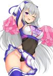  1girl ;d arm_up armpits azur_lane bangs blue_legwear blue_ribbon blush breasts casablanca_(azur_lane) cheerleader clothes_writing commentary_request covered_navel cowboy_shot eyebrows_visible_through_hair groin hair_between_eyes hair_ribbon highres holding holding_pom_poms large_breasts leotard long_hair long_sleeves looking_at_viewer miniskirt one_eye_closed open_mouth pleated_skirt pom_poms ribbon silver_hair simple_background skindentation skirt smile solo standing thighs tokoya_(ex-hetare) very_long_hair violet_eyes white_background white_skirt 
