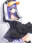  1girl absurdres amatsuji animal_costume bangs bare_shoulders black_jacket blue_eyes blue_ribbon blush breasts choker collarbone commentary_request commission eyebrows_visible_through_hair fate/grand_order fate_(series) grey_background hair_ribbon highres hood hood_up hooded_jacket jacket long_hair long_sleeves looking_at_viewer meltryllis meltryllis_(swimsuit_lancer)_(fate) open_mouth parted_lips purple_hair ribbon simple_background sleeves_past_fingers sleeves_past_wrists small_breasts smile solo swimsuit very_long_hair white_background 