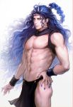  1boy abs battle_tendency blue_eyes blue_hair blue_lipstick blue_nails braid changye cowboy_shot earrings hand_on_hip horns jewelry jojo_no_kimyou_na_bouken kars_(jojo) lipstick loincloth long_hair makeup male_focus muscle solo very_long_hair wavy_hair wrist_cuffs 