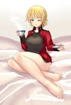  1girl bangs bare_legs bed_sheet black_shirt blonde_hair blue_eyes braid breasts closed_mouth commentary cup darjeeling_(girls_und_panzer) epaulettes eyebrows_visible_through_hair feet girls_und_panzer highres holding holding_cup holding_saucer ichinose_yuu jacket legs light_smile long_sleeves looking_at_viewer military military_jacket military_uniform no_pants on_bed one_eye_closed red_jacket saucer shirt short_hair sitting smile solo st._gloriana&#039;s_military_uniform steam teacup thighs tied_hair twin_braids uniform yokozuwari 