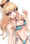  1girl 801543 bangs bikini black_bow blonde_hair blue_eyes blush bow breasts elf eyebrows_visible_through_hair flower hair_bow hair_flower hair_ornament highres large_breasts long_hair pointy_ears ponytail princess_connect! princess_connect!_re:dive saren_(princess_connect!) solo swimsuit 