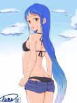  1girl ass bangs bikini black_bikini blue_eyes blue_hair blue_shorts blue_sky breasts clouds commentary_request cowboy_shot from_behind gradient_hair highres kantai_collection long_hair looking_at_viewer multicolored_hair pocket samidare_(kantai_collection) short_shorts shorts side-tie_bikini signature sky small_breasts solo standing swept_bangs swimsuit tsuki_no_waguma_sansei undressing very_long_hair 