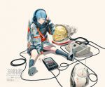  1girl astronaut astronaut_helmet bangs barcode beige_background blue_hair blunt_bangs closed_eyes closed_mouth grey_jacket headphones headwear_removed heart helmet helmet_removed highres jacket medium_hair motocross_saito original shoes simple_background sitting sneakers socks solo 