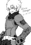  1boy armor belt breastplate english_text fur_trim gloves greyscale hair_between_eyes highres infinite_dendrogram male_focus monochrome pauldrons ray_starling shoulder_armor simple_background sketch smile solo teeth tsukuha_(chakai514) vambraces white_background 