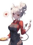  1girl albinoraccoon apron bangs black_apron blunt_bangs blush breasts closed_mouth commentary cowboy_shot dated demon_girl demon_horns demon_tail eyebrows_visible_through_hair fang food grey_hair hair_bun heart helltaker highres holding holding_plate horns large_breasts long_hair long_sleeves looking_at_viewer lucifer_(helltaker) mole mole_under_eye plate red_eyes red_shirt shirt short_hair sidelocks simple_background skin_fang sleeves_rolled_up smile solo spoken_heart tail white_background white_hair white_horns 