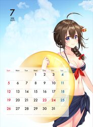  1girl ahoge bangs bare_shoulders bikini black_bikini black_sarong blue_eyes blue_sky blush braid brown_hair calendar_(medium) clouds commentary_request hair_flaps hair_ornament hair_over_shoulder highres holding holding_innertube innertube kantai_collection kiiro_kurumi looking_at_viewer navel remodel_(kantai_collection) sailor_bikini sailor_collar sarong shigure_(kantai_collection) single_braid sky solo swimsuit 