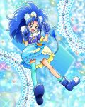  1girl animal_ears bangs blue_eyes blue_footwear blue_gloves blue_hair blue_thighhighs bubble_skirt cure_gelato full_body fur_trim gloves highres kirakira_precure_a_la_mode lion_ears lion_tail long_hair magical_girl official_art open_mouth parted_bangs pouch precure precure_connection_puzzlun single_thighhigh skirt smile solo tail tategami_aoi thigh-highs third-party_source wide_ponytail 