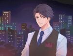  1boy black_hair blue_neckwear building city highres kirikuraria looking_at_viewer male_focus necktie pocket_square shindou_kiyoshi shirt skyscraper solo stand_my_heroes upper_body vest white_shirt 