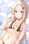  1girl abigail_williams_(fate/grand_order) bangs bare_shoulders bikini black_bikini blonde_hair blue_eyes blue_sky blush breasts closed_mouth collarbone fangxiang fate/grand_order fate_(series) forehead hair_ornament hairclip highres long_hair looking_at_viewer navel painttool_sai_(medium) parted_bangs pinky_out sky small_breasts smile swimsuit 