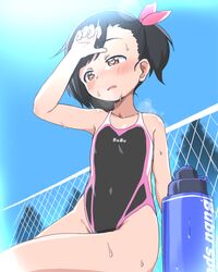  1girl arm_up bangs bare_arms bare_shoulders black_hair black_swimsuit blue_sky blush bottle brown_eyes bubukka chain-link_fence clouds collarbone commentary_request competition_swimsuit day eyebrows_visible_through_hair fence groin hair_ribbon hand_up heart heart-shaped_pupils hot one-piece_swimsuit original outdoors parted_lips pink_ribbon ribbon short_hair side_ponytail sky solo sweat swimsuit symbol-shaped_pupils tachibana_momoka wiping_sweat 