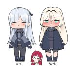  3girls ak-12_(girls_frontline) an-94_(girls_frontline) aqua_eyes bangs black_footwear blush boca braid character_name closed_eyes french_braid girls_frontline gloves hair_between_eyes hair_ribbon hairband long_hair low_tied_hair mask_around_neck midriff multiple_girls platinum_blonde_hair redhead ribbon shorts silver_hair smile standing tactical_clothes 