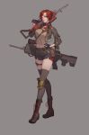  1girl belt black_footwear black_gloves black_shorts boots brown_eyes brown_hair cross-laced_footwear full_body gloves grey_background gun hand_on_hip highres holding holding_gun holding_weapon knee_guards navel over_shoulder pouch shorts simple_background solo thigh-highs thigh_strap tudou_td weapon 