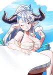  1girl bikini blue_hair breasts brown_eyes crossed_legs cup draph drinking_glass granblue_fantasy hanasaki_mahiru highres izmir large_breasts mole mole_under_mouth one_eye_closed pointy_ears ponytail swimsuit table wine_glass 