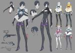  1boy alternate_color bare_shoulders black_eyepatch black_hair character_sheet closed_mouth collarbone covered_navel eyepatch grey_background gun highres madiblitz male_focus navel original shoulder_cutout signature simple_background solo standing turtleneck weapon 