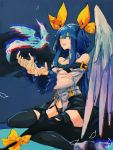  1girl asymmetrical_wings bangs belt bird blue_hair breasts choker collarbone detached_sleeves dizzy_(guilty_gear) guilty_gear guilty_gear_xrd hair_ribbon hair_rings highres long_hair midriff navel oeillet_vie parted_lips ribbon sitting smile tail tail_ribbon thigh-highs thigh_strap thighs twintails wings yellow_ribbon 