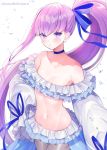  1girl bangs bare_shoulders bikini blue_eyes blue_ribbon blush breasts choker collarbone earrings fate/grand_order fate_(series) frilled_bikini frills hair_ribbon jewelry long_hair long_sleeves looking_at_viewer meltryllis meltryllis_(swimsuit_lancer)_(fate) puffy_sleeves purple_hair ribbon side_ponytail simple_background sleeves_past_fingers sleeves_past_wrists small_breasts suzuho_hotaru swimsuit thighs very_long_hair white_background white_bikini white_legwear white_ribbon 